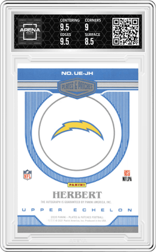 Justin Herbert from the 2020 Panini Plates & Patches set graded by Arena Club and given an overall grade of 9.