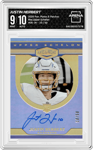 Justin Herbert from the 2020 Panini Plates & Patches set graded by Arena Club and given an overall grade of 9.