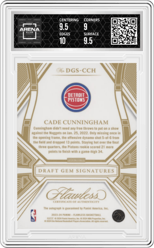 Cade Cunningham  from the 2023-24 Panini Flawless set graded by Arena Club and given an overall grade of 9.5.