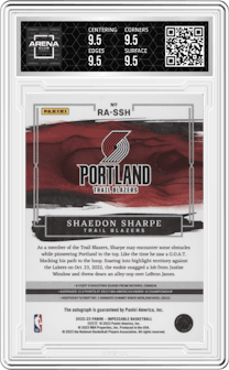 Shaedon Sharpe from the 2022-23 Panini Impeccable set graded by Arena Club and given an overall grade of 9.5.
