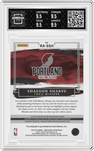 Shaedon Sharpe from the 2022-23 Panini Impeccable set graded by Arena Club and given an overall grade of 9.5.