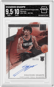 Shaedon Sharpe from the 2022-23 Panini Impeccable set graded by Arena Club and given an overall grade of 9.5.