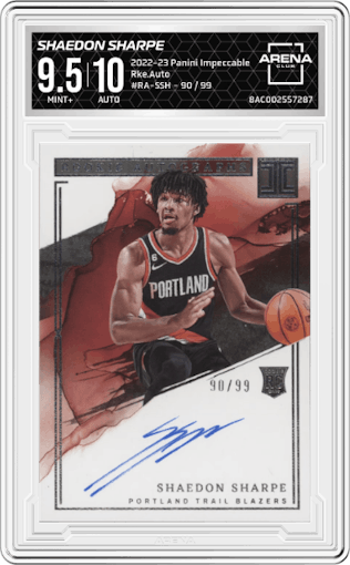 Shaedon Sharpe from the 2022-23 Panini Impeccable set graded by Arena Club and given an overall grade of 9.5.