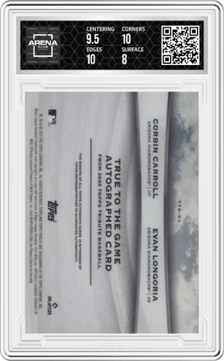 Corbin Carroll/Evan Longoria from the 2025 Topps Tribute set graded by Arena Club and given an overall grade of 8.5.