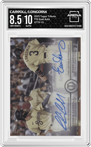 Corbin Carroll/Evan Longoria from the 2025 Topps Tribute set graded by Arena Club and given an overall grade of 8.5.