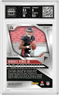 Michael Penix Jr. from the 2024 Panini Prizm set featuring a Pandora parallel graded by Arena Club and given an overall grade of 9.