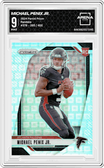 Michael Penix Jr. from the 2024 Panini Prizm set featuring a Pandora parallel graded by Arena Club and given an overall grade of 9.