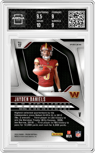 Jayden Daniels from the 2024 Panini Prizm set graded by Arena Club and given an overall grade of 9.5.