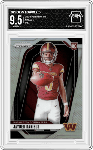 Jayden Daniels from the 2024 Panini Prizm set graded by Arena Club and given an overall grade of 9.5.