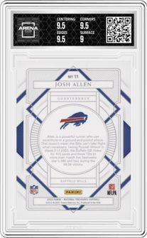 Josh Allen from the 2020 Panini National Treasures set featuring a Gold parallel graded by Arena Club and given an overall grade of 9.5.