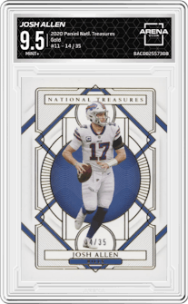Josh Allen from the 2020 Panini National Treasures set featuring a Gold parallel graded by Arena Club and given an overall grade of 9.5.