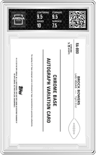Brock Bowers from the 2024 Topps Chrome set graded by Arena Club and given an overall grade of 8.
