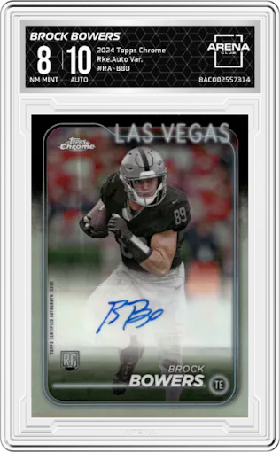 Brock Bowers from the 2024 Topps Chrome set graded by Arena Club and given an overall grade of 8.