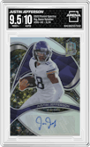 Justin Jefferson from the 2022 Panini Spectra set featuring a Neon Splatter parallel graded by Arena Club and given an overall grade of 9.5.