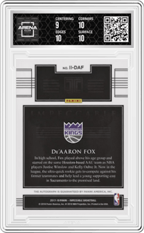 De'Aaron Fox from the 2017-18 Panini Impeccable set graded by Arena Club and given an overall grade of 9.5.