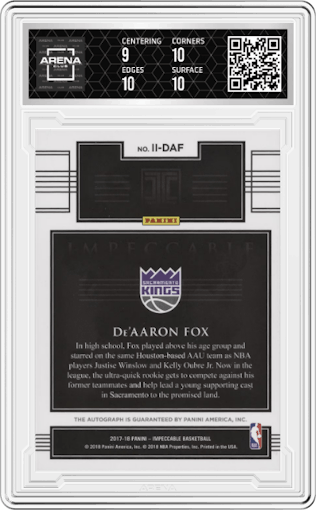 De'Aaron Fox from the 2017-18 Panini Impeccable set graded by Arena Club and given an overall grade of 9.5.