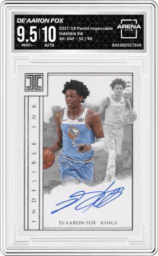 De'Aaron Fox from the 2017-18 Panini Impeccable set graded by Arena Club and given an overall grade of 9.5.