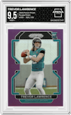 Trevor Lawrence from the 2021 Panini Prizm set featuring a Purple Prizm parallel graded by Arena Club and given an overall grade of 9.5.