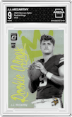J.J. McCarthy from the 2024 Donruss Optic set graded by Arena Club and given an overall grade of 9.