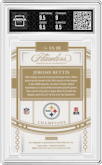 Jerome Bettis from the 2022 Panini Flawless set featuring a Sterling & Sapphire Efoilution parallel graded by Arena Club and given an overall grade of 9.