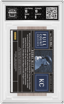 Bobby Witt Jr. from the 2024 Panini Three and Two set featuring a Holo Gold parallel graded by Arena Club and given an overall grade of 8.5.