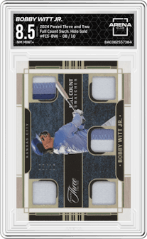 Bobby Witt Jr. from the 2024 Panini Three and Two set featuring a Holo Gold parallel graded by Arena Club and given an overall grade of 8.5.