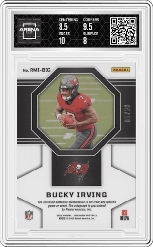 Bucky Irving from the 2024 Panini Obsidian set featuring a Molten FOTL parallel graded by Arena Club and given an overall grade of 8.5.