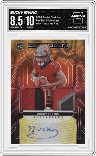 Bucky Irving from the 2024 Panini Obsidian set featuring a Molten FOTL parallel graded by Arena Club and given an overall grade of 8.5.