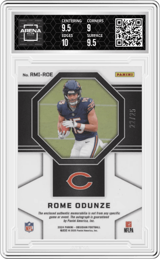 Rome Odunze from the 2024 Panini Obsidian set featuring a Blue parallel graded by Arena Club and given an overall grade of 9.5.