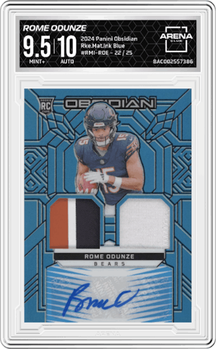 Rome Odunze from the 2024 Panini Obsidian set featuring a Blue parallel graded by Arena Club and given an overall grade of 9.5.
