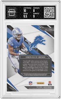 Amon-Ra St. Brown from the 2021 Panini Limited set featuring a Spotlight Amethyst parallel and given an overall grade of 8.5.