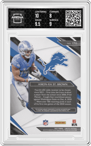 Amon-Ra St. Brown from the 2021 Panini Limited set featuring a Spotlight Amethyst parallel graded by Arena Club and given an overall grade of 8.5.