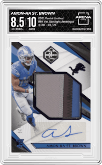 Amon-Ra St. Brown from the 2021 Panini Limited set featuring a Spotlight Amethyst parallel and given an overall grade of 8.5.