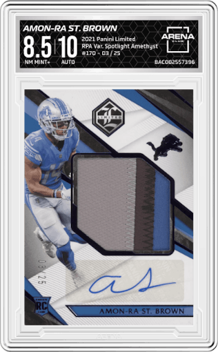 Amon-Ra St. Brown from the 2021 Panini Limited set featuring a Spotlight Amethyst parallel graded by Arena Club and given an overall grade of 8.5.
