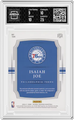 Isaiah Joe from the 2020-21 Panini National Treasures set featuring a Gold FOTL parallel graded by Arena Club and given an overall grade of 8.
