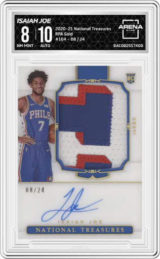Isaiah Joe from the 2020-21 Panini National Treasures set featuring a Gold FOTL parallel graded by Arena Club and given an overall grade of 8.