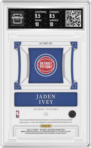 Jaden Ivey from the 2022-23 Panini National Treasures set graded by Arena Club and given an overall grade of 9.