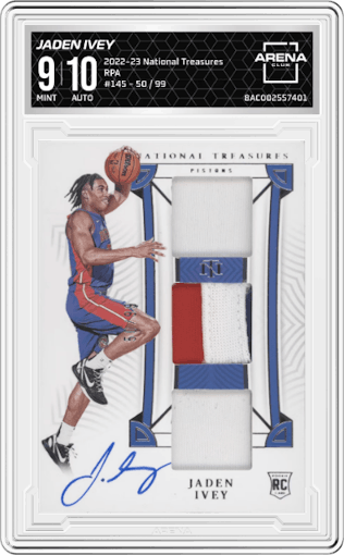 Jaden Ivey from the 2022-23 Panini National Treasures set graded by Arena Club and given an overall grade of 9.