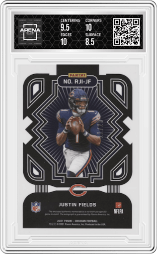 Justin Fields from the 2021 Panini Obsidian set featuring a Electric Etch Yellow parallel graded by Arena Club and given an overall grade of 9.