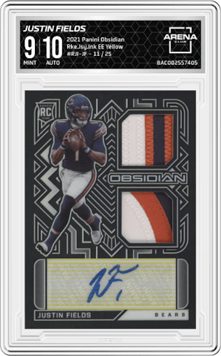Justin Fields from the 2021 Panini Obsidian set featuring a Electric Etch Yellow parallel graded by Arena Club and given an overall grade of 9.