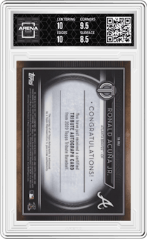 Ronald Acuna Jr. from the 2020 Topps Tribute set featuring a Orange parallel graded by Arena Club and given an overall grade of 9.