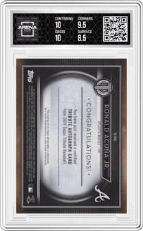 Ronald Acuna Jr. from the 2020 Topps Tribute set featuring a Orange parallel and given an overall grade of 9.