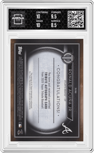 Ronald Acuna Jr. from the 2020 Topps Tribute set featuring a Orange parallel graded by Arena Club and given an overall grade of 9.