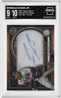 Ronald Acuna Jr. from the 2020 Topps Tribute set featuring a Orange parallel graded by Arena Club and given an overall grade of 9.