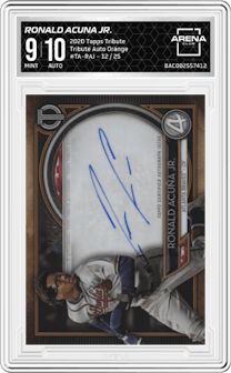 Ronald Acuna Jr. from the 2020 Topps Tribute set featuring a Orange parallel and given an overall grade of 9.