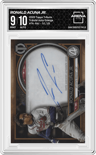 Ronald Acuna Jr. from the 2020 Topps Tribute set featuring a Orange parallel graded by Arena Club and given an overall grade of 9.
