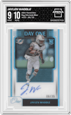Jaylen Waddle from the 2021 Panini One set featuring a Blue parallel graded by Arena Club and given an overall grade of 9.
