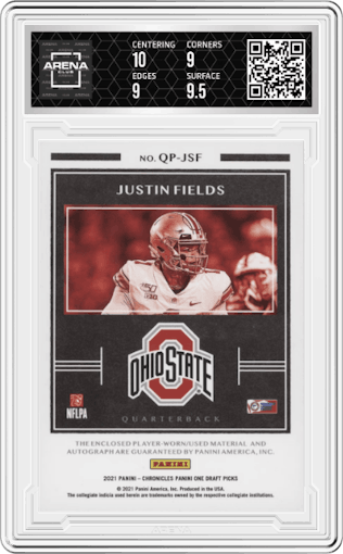 Justin Fields from the 2021 Panini Chronicles Draft Picks set graded by Arena Club and given an overall grade of 9.5.