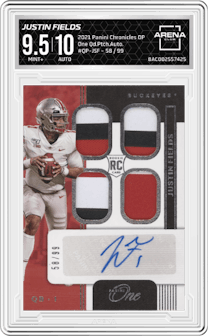 Justin Fields from the 2021 Panini Chronicles Draft Picks set and given an overall grade of 9.5.