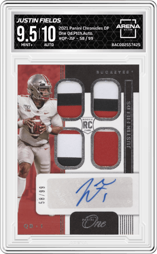 Justin Fields from the 2021 Panini Chronicles Draft Picks set graded by Arena Club and given an overall grade of 9.5.